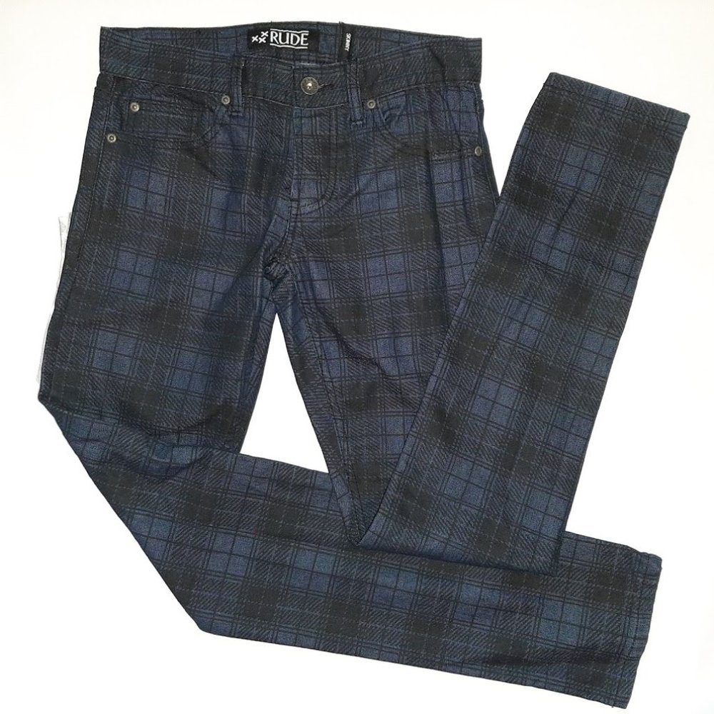 NWOT RUDE Skinny Jeans Blue/Black Plaid 28x32